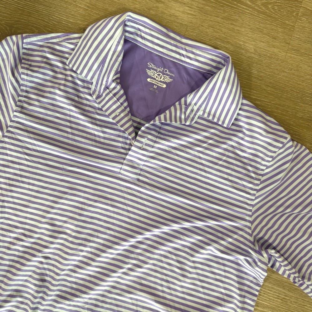 Straight Down Polo Shirt Mens M Purple Striped Performance Short Sleeve Golf